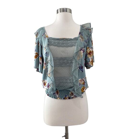 BKE Gimmicks Sheer Lace Crop Top Size M Floral Smocked Sheer Fairy Romantic Boho - Picture 2 of 10
